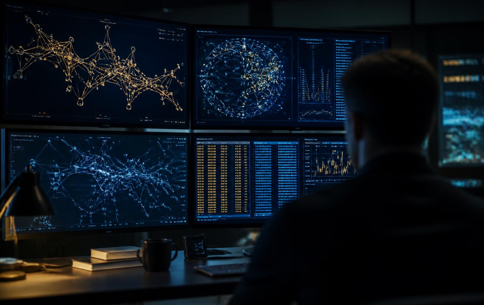 Analyst reviewing blockchain transaction graphs across multiple monitors